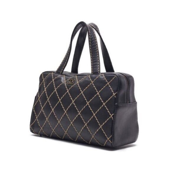 Authentic CHANEL CC Wild Stitch Vintage Quilted Bowler Hand Bag Tote Lambskin - Picture 3 of 15